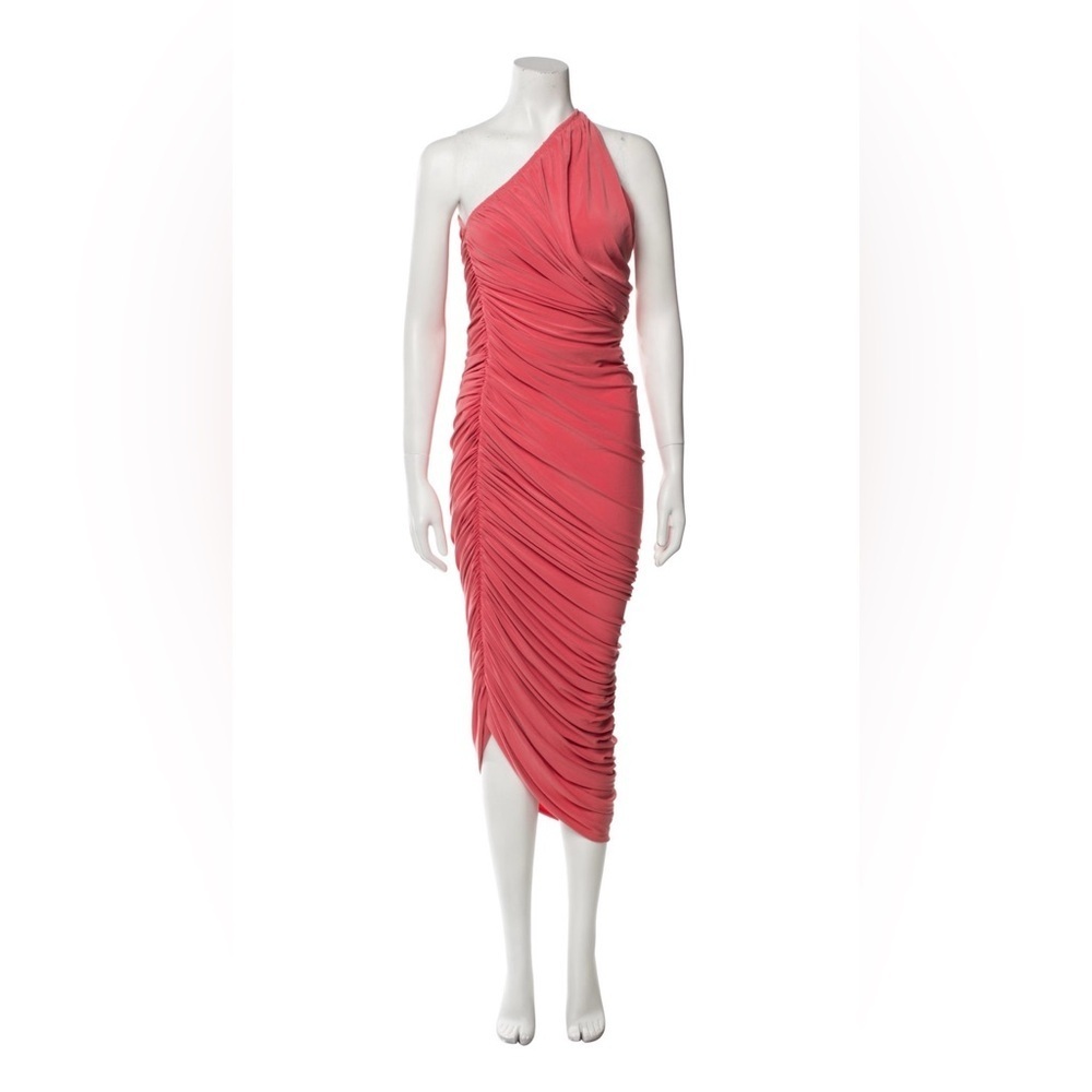Norma Kamali Coral One Shoulder Ruched Midi Dress XS Bodycon Cocktail - Picture 3 of 8